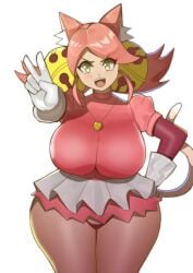 1girls animal_ears bangs big_breasts breasts cat_ears cat_tail deltarune doublehero gloves green_eyes hand_on_hip jewelry large_breasts looking_at_viewer mad_mew_mew mew_mew_(undertale) miniskirt open_mouth pink_(deltarune) pink_hair puffy_sleeves skirt smile solo tail thick_thighs thighs undertale undertale_(series) v white_gloves