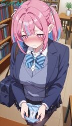 1girl ai_generated bag black blazer blue blush bob bookshelf bow bowtie breasts chair closed clothes collared colored cut diagonal-striped down ears eyes fingernails hair holding indoors inner intakes jacket kanan-sama_wa_akumade_choroi kanan_(kanan-sama) large light long looking miniskirt mouth multicolored open panties pantyhose pink plant pleated pointy potted ribbon school shirt skarai skirt sleeves solo stained standing streaked striped sweat sweatdrop sweater two-tone underwear uniform vest white