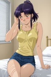 1boy absurdres adult ai_assisted ai_generated big_breasts breasts crossed_legs evangelion female hand_on_hair heeven highres male mature misato_katsuragi neon_genesis_evangelion patreon patreon_username perfect_body sitting_on_bed uncensored