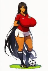 ai_generated arab arabian arabian_female big_breasts brown_skin egyptian farah football football_uniform giant_breasts huge_breasts legend_of_queen_opala long_hair milf shorts soccer soccer_uniform world_cup