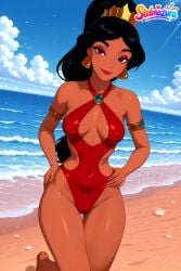 1girl ai_assisted ai_generated aladdin armlet ass_visible_through_thighs beach black_hair blue_sky breasts brown_eyes cameltoe cloud covered_navel covered_nipples crown dark-skinned_female dark_skin day disney disney_princess earrings eyeshadow halterneck hands_on_hips high_ponytail jasmine jewelry lipstick long_hair looking_at_viewer makeup medium_breasts ocean one-piece_swimsuit outdoors patreon ponytail princess princess_jasmine red_lips red_one-piece_swimsuit sand shell sky smile solo stelmazura swimsuit thigh_gap