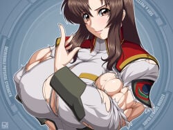 biceps breasts brown_hair female gundam hair long_hair looking_at_viewer muscular_arms muscular_female rentb