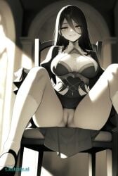 1girl ai_assisted ai_generated beautiful black_hair day dress general grayscale grin hair_between_eyes high_contrast highres indoors looking_at_viewer no_nose perfect_anatomy pussy sharp_teeth sitting_on_chair slit_pupils smug socks upskirt_view yellow_eyes