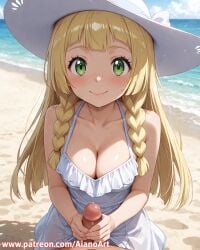 1boy 1girl ai_generated aianoart bangs beach blonde_hair blue_sky blunt_bangs blush braid breasts cleavage closed_mouth cloud collarbone day dress fingernails green_eyes handjob hat hetero lillie_(pokemon) long_hair looking_at_viewer male_pubic_hair medium_breasts ocean outdoors penis pokemon pov pubic_hair sky sleeveless sleeveless_dress smile solo_focus sun_hat sundress twin_braids uncensored water white_dress white_headwear