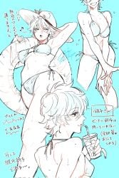 alternate_costume arm_up armpit bikini blue_background canon_genderswap cleavage drink drinking female female_only genderswap_(mtf) ginko_sakata gintama gintoki_sakata innertube japanese_text medium_breasts multiple_scenes restricted_palette rule_63 short_hair smile solo sun_hat sweat underboob usson0002 very_short_hair wet wet_body wet_skin