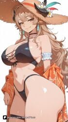 1girl ai_generated animal_ears arknights arknights:_endfield artist_name bangs bare_shoulders beads bikini black_bikini black_choker breasts brown_eyes brown_hair choker cleavage cowboy_shot criss-cross_halter earrings flower halterneck hat hat_flower highleg highleg_bikini horns jewelry large_breasts long_hair looking_at_viewer meteorite_(arknights) navel necklace off_shoulder patreon senpai_pixels sensitive simple_background smile solo straw_hat sun_hat swimsuit thigh_strap thighs white_background