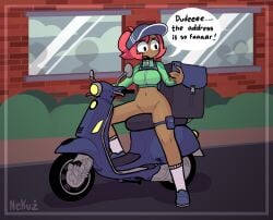 1girls background bottomless bottomless_female caught chloe_(nekuzx) delivery_girl delivery_uniform nekuzx oc original original_character public public_nudity pussy red_hair text uniform upset watermark working