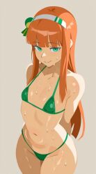 ai_generated green_bikini micro_bikini orange_hair silence_suzuka_(umamusume) smile sweat umamusume umamusume_pretty_derby vougan_(artist)