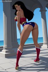 1girl ai_generated ass bare_shoulders black_hair blue_eyes boots breasts dark_skin dc earrings from_behind full_body hi_res high_heel_boots high_heels high_quality high_resolution jewelry knee_boots large_breasts leotard long_hair looking_at_viewer looking_back patreon railing red_footwear seductive sexy solo spicytoonai standing strapless superhero thighs uncensored watermark wonder_woman
