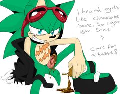 1boy blushing chocolate chocolate_on_penis chocolate_syrup half-closed_eyes looking_at_viewer male male_only scourge_the_hedgehog smiling_at_viewer solo sonic_(series)