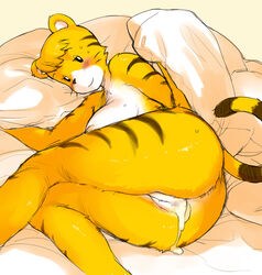 after_sex animal_ears anthro arms black_eyes breasts cum cumdrip furry kikurage looking_at_viewer milf mother pussy sakura_(shima_shima_tora_no_shimajirou) shima_shima_tora_no_shimajirou shimajiro's_mom smile stripes tail thighs tiger tiger_girl whiskers