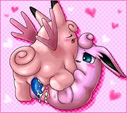 barefoot blue_eyes blush clefable closed_eyes color dildo double_dildo female female_only feral interspecies kurobedamu multiple_females multiple_girls nintendo nude open_eyes open_mouth pink_skin pokemon pussy_juice raised_leg sitting smile tail vaginal_insertion vulva wigglytuff wings yuri