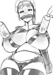 armbinder bit_gag bondage breast_bondage gag huge_breasts maid milk_machine milking monochrome nipples sketch tears thick_thighs thighhighs ufo_koikoi