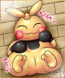 2_toes black_skin closed_eyes closed_mouth color female female_only front_view japanese_text kurobedamu lying makuhita nude on_back pokemon pussy skin solo tan_skin text translation_request vulva