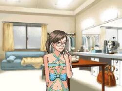 ace_attorney belly_button bow brown_hair brunette capcom cleavage freckles glasses gyakuten_saiban lowres nerd penny_nichols ponytail ribbon tagme