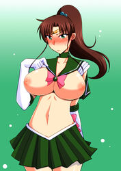 1girls bach bishoujo_senshi_sailor_moon blush breasts brown_hair clothing female female_only highres human large_breasts long_hair makoto_kino nipples sailor_jupiter skirt solo