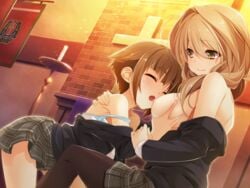 2girls breast_grab breasts female large_breasts licking mtu_(artist) multiple_girls nipples school_uniform yuri