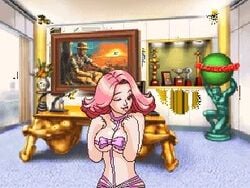 april_may breasts censored collar gift gift_bow gift_wrapped gyakuten_saiban pink_hair pixel_art seductive_look sprite sprite_edit tagme tongue tongue_out wink