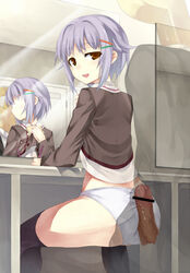 bar_censor blush bow brown_eyes buttjob censored erection formal hair_ornament hairclip idolmaster idolmaster_cinderella_girls koshimizu_sachiko lavender_hair looking_back mirror no_pants open_mouth panties penis precum producer_(idolmaster) school_uniform shirt_lift short_hair sitting sitting_on_lap sitting_on_person smile suit sweatdrop thighhighs torimaru underwear