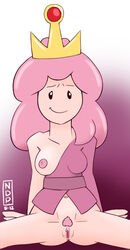 adventure_time belly_button breasts cotton_candy_princess crown nomdepenn one_breast_out pink_hair pink_nipples pubic_hair smile vagina