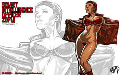 bra breasts brown_hair command_and_conquer earpiece english_text female female_only ganassa highres human open_clothes open_jacket pubic_hair pussy red_alert_(video_games) red_alert_2 red_bra solo text wallpaper zofia_(command_and_conquer)