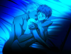 2boys archer artist_request bed blue closed_eyes closed_mouth couple dark_skin emiya_shirou fate/stay_night fate_(series) from_above highres hug hug_from_behind interracial kissing looking_at_another looking_back male male_only monochrome multiple_boys multiple_males nude on_bed romantic sex short_hair shoulder_kiss type-moon wrist_grab yaoi