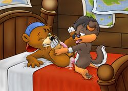 anthro bear bed bed_sheet bedroom black_hair brown_eyes brown_fur canid cub detailed_background disney dog extremely_young forerest fur furry furry_only gay glasses green_eyes kit_cloudkicker male male_only mammal map multicolored_fur multiple_males one_eye_closed orange_fur paws penis penis_in_ass tagme talespin tongue tongue_out white_fur yaoi young young_on_young