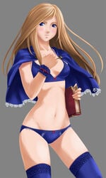 1girls blue_eyes blue_panties blush book bra brown_hair cape capelet castlevania castlevania:_portrait_of_ruin charlotte_aulin female lingerie long_hair mantle panties solo stockings