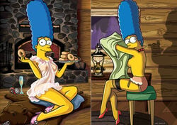 blue_hair clothes color female female_only food high_heels homer_simpson human indoors marge_simpson matt_groening_(style) multiple_images pinup sitting solo tagme the_simpsons toony topless