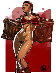 bra breasts brown_hair command_and_conquer earpiece female female_only ganassa highres human medium_breasts open_clothes open_jacket pubic_hair pussy red_alert_(video_games) red_alert_2 red_bra solo zofia_(command_and_conquer)