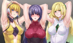 3girls armpit_fetish armpits blonde_hair blue_eyes blush breasts cum cum_on_armpit cum_on_armpits elesa_(pokemon) elesa_(pokemon_bw) eye_contact female female_only headphones hikari_(komitiookami) human long_hair looking_at_viewer lusamine_(pokemon) mature_female multiple_girls nintendo pokemon pokemon_bw pokemon_rgby pokemon_sm purple_hair red_eyes sabrina_(pokemon) short_hair