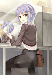 bar_censor blush bow brown_eyes buttjob censored erection formal hair_ornament hairclip idolmaster idolmaster_cinderella_girls koshimizu_sachiko lavender_hair looking_back mirror open_mouth panties pantyhose penis precum producer_(idolmaster) school_uniform shirt_lift short_hair sitting sitting_on_lap sitting_on_person smile suit sweatdrop torimaru underwear