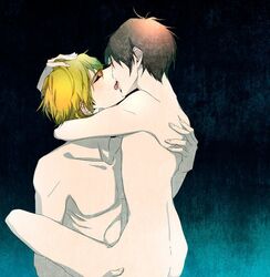 2boys black_hair blonde_hair durarara!! eyes_closed gay heiwajima_shizuo kissing male_only nude orihara_izaya yaoi