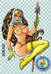 anna_marie artist_name breasts checkered_background deacon_black female female_only gloves human marvel marvel_comics rogue_(x-men) savage_land side_view solo spear tagme torn_clothing very_long_hair x-men