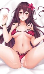 :d bikini bikini_aside blush bracelet breasts cum cum_in_pussy fate/grand_order fate_(series) female flower hair_flower hair_ornament jewelry large_breasts long_hair navel open_mouth pubic_hair purple_bikini purple_hair pussy red_eyes scathach_(fate) scathach_(swimsuit_assassin) smile solo swimsuit unclasped yanochi