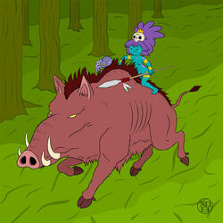 adventure_time blue_skin boar coldfusion crown jungle_princess nude nude_female purple_hair riding_on_back skull_hair_ornament small_breasts spear spider unshaved_pussy