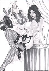 1girls breasts carrot carrots dc dc_comics ed_benes_studio female fishnets homo_magi iago_maia justice_league medium_breasts monochrome signature straight_hair top_hat zatanna