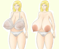 blonde_hair bra breasts brown_eyes huge_breasts lactation large_areolae rasburton sagging_breasts topless