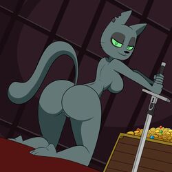 2018 anthro anus breasts daystone feline female fur furry furry_only green_eyes half-closed_eyes kocia_pierdocia lonbluewolf looking_at_viewer looking_back mammal melee_weapon naked nude pussy solo sword tail treasure weapon