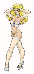 arms_up blonde_hair breasts calibos emma_frost female female_only high_heels human lingerie long_hair marvel nipples pinup posing pubic_hair see-through sheer solo standing tagme white_queen x-men