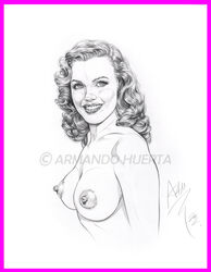 1girls 2012 actress armando_huerta big_breasts breasts celebrity female long_hair marilyn_monroe monochrome nipples smile solo tagme topless watermark