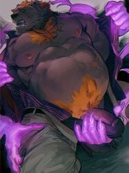 asygallery barguest_(tokyo_afterschool_summoners) belly body_hair bulge clothing disembodied_hand groping_penis happy_trail male male_only mammal mohawk musclegut nipples open_pants overweight overweight_male pecs pubes tokyo_afterschool_summoners underwear ursid video_games