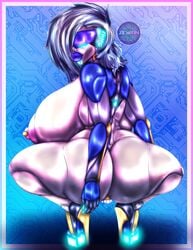 areolae ass big_breasts big_lips bimbo blue_hair breasts bubble_butt busty cora_elinu_(neo_world_order) cybernetics cyberpunk erect_nipples female female_focus female_only high_heels hourglass_figure jsyrin large_breasts lipstick long_hair looking_back neo_world_order neon neon_lights nipple_piercing nipples nude nude_female nudity pale-skinned_female pale_skin piercing pinup pose posing puffy_lips rear_view sideboob solo squatting sunglasses visor wide_hips