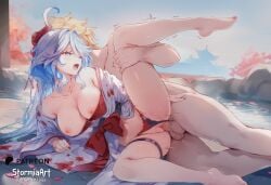 1boy 1girl aether_(genshin_impact) ai_generated blue_eyes blue_hair breasts clothes_aside from_side furina_(genshin_impact) genshin_impact hetero highres large_breasts leg_up lingerie looking_at_viewer nipples nsfw open_clothes open_mouth outdoor panties penetration penis pussy robe sex shiny_skin stormiaart sweat uncensored vaginal water white_hair