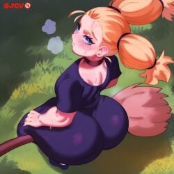 ass ass_in_dress blonde_hair blue_eyes blush breasts broom female female_only gjcv huge_ass jujutsu_kaisen long_hair looking_at_viewer looking_up nishimiya_momo sitting sitting_on_broom twintails