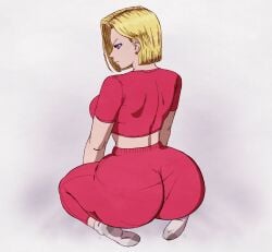 1girls android_18 big_ass blonde_hair cheesecakevalentine_(artist) dragon_ball dragon_ball_z earrings female kneeling midriff pants shirt socks