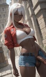 1futa action_girl_(jamesbron) ai_generated balls breasts cleavage crop_top cropped_jacket dark-skinned_female dark-skinned_futa dark_skin denim_shorts futa_only futanari hazel_eyes intersex jacket jamesbron long_hair looking_at_viewer medium_breasts navel no_panties open_shorts outdoors penis penis_out red_jacket shorts smile solo solo_futa standing thighs white_hair white_shirt