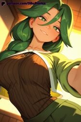 1girl 1girls ai ai_assisted ai_generated anime artist_name blush braid braided_ponytail breasts cheryl_(pokemon) collarbone dibzprintz green_eyes green_hair green_jacket green_skirt hair_between_eyes hair_over_shoulder hi_res high_quality high_resolution highres indoors jacket large_breasts long_hair looking_at_viewer nintendo parted_lips patreon_logo patreon_username pokemon pokemon_(game) single_braid skirt smile solo watermark web_address