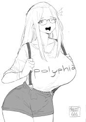 +++ 1girl absurdres artist_name bangs_pinned_back breasts casual cowboy_shot facing_viewer glasses greyscale group_name hair_pulled_back happy highres huge_breasts inne_sulistya_robin legs_together long_hair looking_at_viewer monochrome norman_maggot one_eye_closed original polyphia_(band) short_shorts shorts sidelocks simple_background smile solo standing suspenders white_background wink