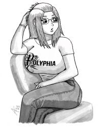 1girl aaronhibiki bangs_pinned_back borrowed_character breasts chair crossed_legs denim glasses greyscale group_name hair_pulled_back highres inne_sulistya_robin jeans large_breasts long_hair monochrome pants polyphia_(band) shirt sitting solo t-shirt
